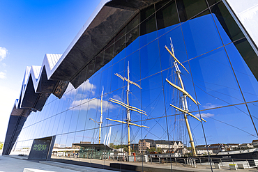 Reflection of The Glenlee Tall ship from the Riverside Museum, Glasgow, Scotland, United Kingdom, Europe