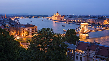 City at night with Chain Bridge, Hungarian Parliament, and Danube River, UNESCO World Heritage Site, Budapest, Hungary, Europe