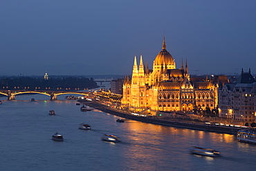 Hungarian Parliament at night on the River Danube, UNESCO World Heritage Site, Budapest, Hungary, Europe