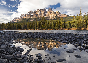 Castle Mountain and Bow River sunset and reflection, Banff National Park, UNESCO World Heritage Site, Alberta, Canadian Rockies, Canada, North America