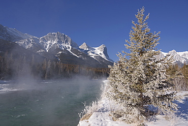 Winter along the Bow River with Ha Ling Peak, Canmore, Alberta, Canadian Rockies, Canada, North America