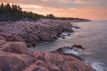 Waves and rocky coastline at sunset, Lackies Head and Green Cove, Cape Breton National Park, Nova Scotia, Canada, North America