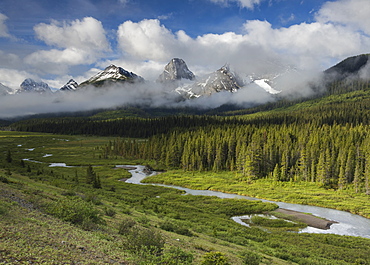 River flowing through the mountains with Mount Engadine and the Tower, Spray Valley Provincial Park, Alberta, Canada, North America