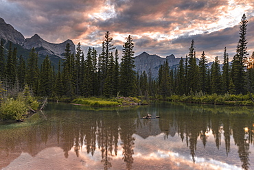 Sunset over Ha Ling Peak and Mount Rundle at Policeman's Creek, Canmore, Alberta, Canada, North America