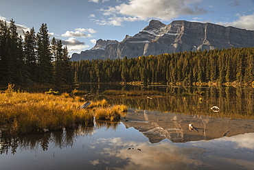 Mount Rundle reflected in Johnson Lake, Banff National Park, UNESCO World Heritage Site, Alberta, Rocky Mountains, Canada, North America