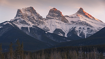 Evening light on the peaks of Three Sisters near Banff National Park, Canmore, Alberta, Canadian Rockies, Canada, North America