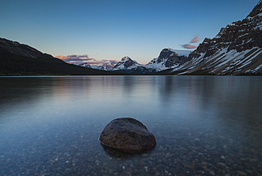 Calm sunset at Bow Lake, Banff National Park, UNESCO World Heritage Site, Alberta, Canadian Rockies, Canada, North America