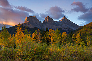 Sunrise in autumn at Three Sisters Peaks near Banff National Park, Canmore, Alberta, Canadian Rockies, Canada, North America