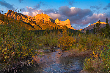 Sunrise and Alpenglow on Mount Lawrence Grassi and Ha Ling Peak in autumn, Canmore, Alberta, Canadian Rockies, Canada, North America