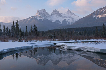 Winter sunrise at Policeman's Creek with Three Sisters Peaks, Canadian Rockies, Canmore, Alberta, Canada, North America