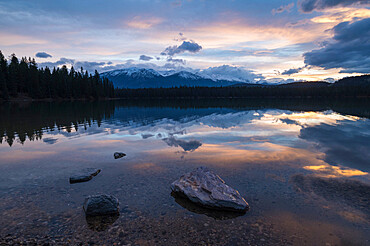 Sunset at Annette Lake, Jasper National Park, UNESCO World Heritage Site, Alberta, Canadian Rockies, Canada, North America