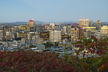 View of Montreal city skyline from Mont Royal Park in autumn at sunset, Montreal, Quebec, Canada, North America