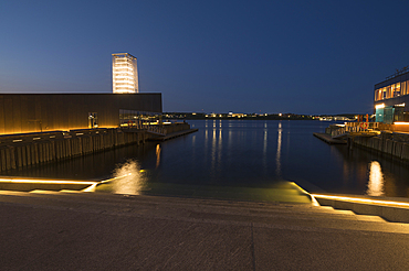 Tidal Beacon art installation, Queens Marque, Downtown Halifax Waterfront at sunset, Halifax, Nova Scotia, Canada, North America