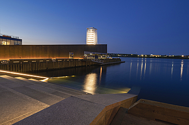 Tidal Beacon art installation, Queens Marque, Downtown Halifax Waterfront at sunset, Halifax, Nova Scotia, Canada, North America