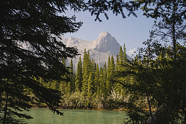 The Bow River and Ha Ling Peak in wildfire smoke, Canmore, Canadian Rockies, Alberta, Canada, North America