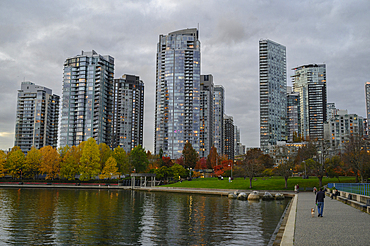 False Creek pedestrian waterfront in Autumn, Yaletown Neighbourhood, Downtown Vancouver, British Columbia, Canada