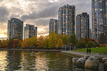 False Creek pedestrian waterfront in Autumn, Yaletown Neighbourhood, Downtown Vancouver, British Columbia, Canada