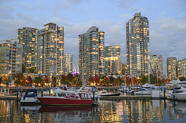 False Creek pedestrian waterfront in Autumn, Yaletown Neighbourhood, Downtown Vancouver, British Columbia, Canada