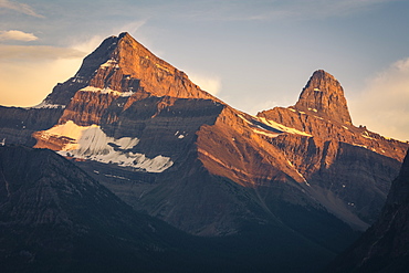 Alpenglow on Mount Christie and Brussels Peak at sunset, Jasper National Park, UNESCO World Heritage Site, Alberta, Rocky Mountains, Canada, North America