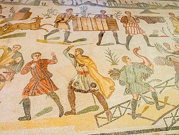 Section of floor mosaic, Villa Romana del Casale, Piazza Armerina, UNESCO World Heritage Site, Sicily, Italy, Europe