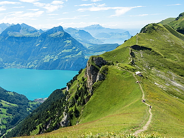 View of mountains and Lake Lucerne from Stoos Ridge Trail, Swiss Alps, Switzerland, Europe