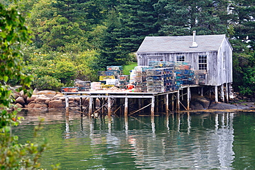 Boathouse and lobster traps, Maine, New England, United States of America, North America