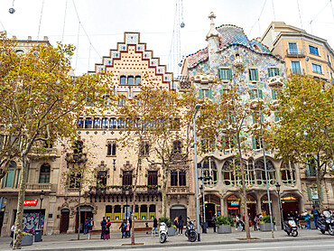 The Block of Discord on Passeig de Gracia includes Casa Amatller, designed by Puig i Cadafalch, and Casa Battlo, by Gaudi, Eixample neighborhood, Barcelona, Catalonia, Spain, Europe