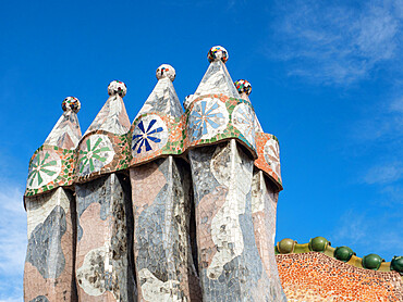 Rooftop chimneys of Casa Battlo, designed by Antoni Gaudi, UNESCO World Heritage Site, Barcelona, Catalonia, Spain, Europe