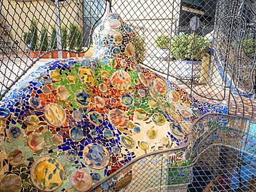 Trencadas mosaic, back terrace of Casa Battlo, designed by Antoni Gaudi, UNESCO World Heritage Site, Barcelona, Catalonia, Spain, Europe