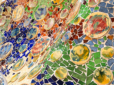 Trencadas, a type of broken tile mosaic, back terrace of Casa Battlo, designed by Antoni Gaudi, UNESCO World Heritage Site, Barcelona, Catalonia, Spain, Europe