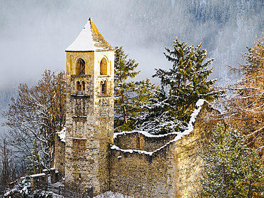 Sent's former church, which burned in the early 1600s, Sent, Graubunden, Switzerland, Europe