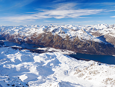 Looking down into the Engadine Valley from Corvatsch, Graubunden, Switzerland, Europe