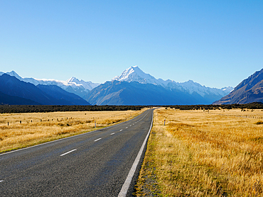 View of Aoraki (Mount Cook) from the road leading into the national park, South Island, New Zealand, Pacific