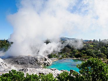 A turquoise pool next to the Te Puia geysers, Gisborne District, North Island, New Zealand, Pacific