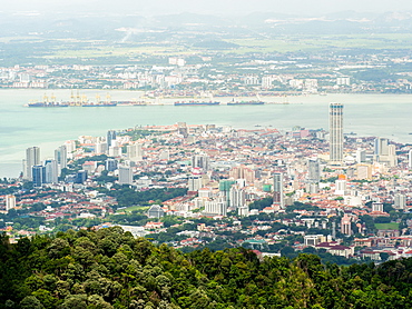 Downtown George Town, with mainland Malaysia in the backgroud, Penang Hill, Penang, Malaysia, Southeast Asia, Asia