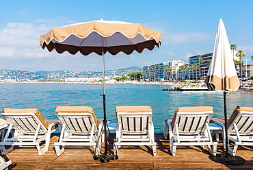 Rows of empty beach lounges in Juan les Pins, Cote d'Azur, Provence, France, Mediterranean, Europe