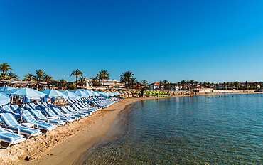 Rows of empty beach loungers in Juan les Pins, Cote d'Azur, Provence, France, Mediterranean, Europe