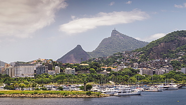 Flamengo neighbourhood with iconic Christ the Redeemer statue on far right, Rio de Janeiro, Brazil, South America