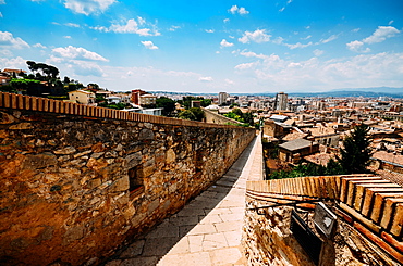 Venerable 9th century city walls with walkways, towers and scenic vantage points of Girona, Catalonia, Spain, Europe