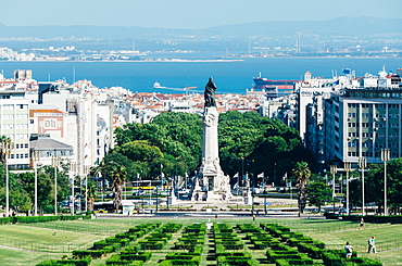 Eduardo VII Park looking towards Marques de Pombal Statue on a beautiful summer day, Lisbon, Portugal, Europe