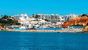 View of Beach Olhos de Agua from the sea in the southern Portuguese region of Algarve