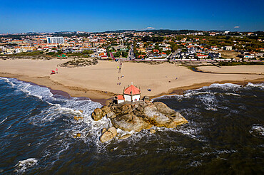 Aerial view of Senhor da Pedra, an 18th century Baroque chapel on Miramar Beach, northern Portugal, Europe