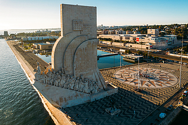 Aerial drone view of Padrao dos Descobrimentos (Monument of the Discoveries), a monument on the northern bank of the Tagus River estuary, Belem, Lisbon, Portugal, Europe