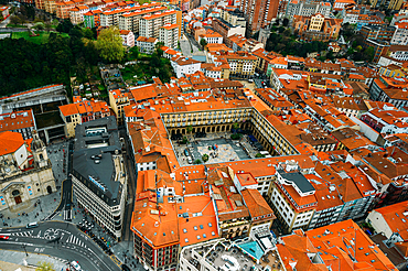 Aerial drone view of Plaza Nueva in Bilbao, Basque Country, Spain, Europe