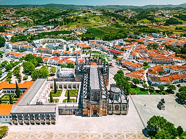 Aerial of the Monastery of the Dominicans of Batalha, built to commemorate the Portuguese victory over the Castilians at the battle of Aljubarrota in 1385, UNESCO World Heritage Site, Batalha, Centro, Portugal, Europe