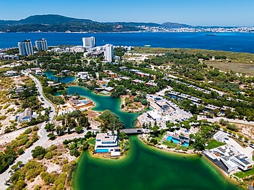 Aerial drone panoramic view of Troia, a peninsula located in Grandola Municipality, next to Sado River estuary, Alentejo, Portugal, Europe