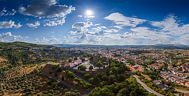 Aerial panoramic view of Bragança Castle, one of the most characteristic examples of medieval architecture, was built in 1409 on the orders of king João I on foundations dating back to the times of the first king of Portugal, Afonso Henriques