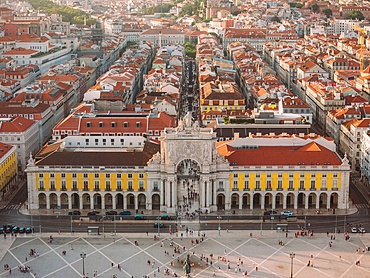 Aerial drone view of Praca do Comercio in Lisbon, Portugal leading to Augusta street in the Baixa district