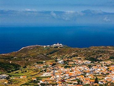 Aerial drone view of lighthouse at Cabo da Roca, Portugal - continental Europe's western-most point