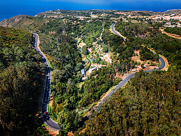 Aerial drone view of N247 highway near Cabo da Roca, Portugal